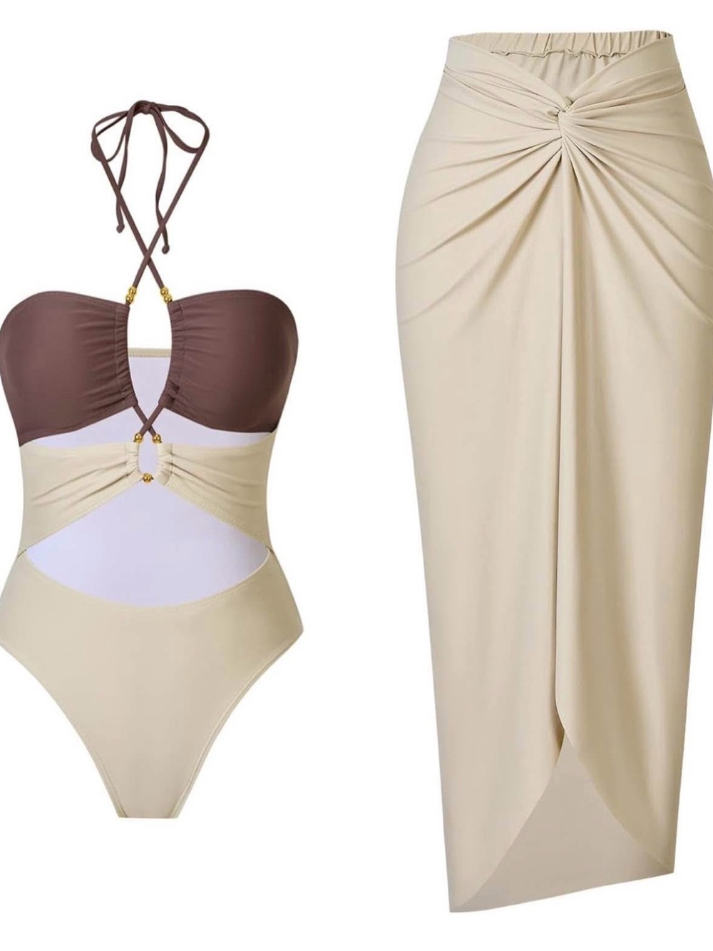 Two-Piece Swim Set - Brown & Cream One-Piece with Draped Cream Skirt